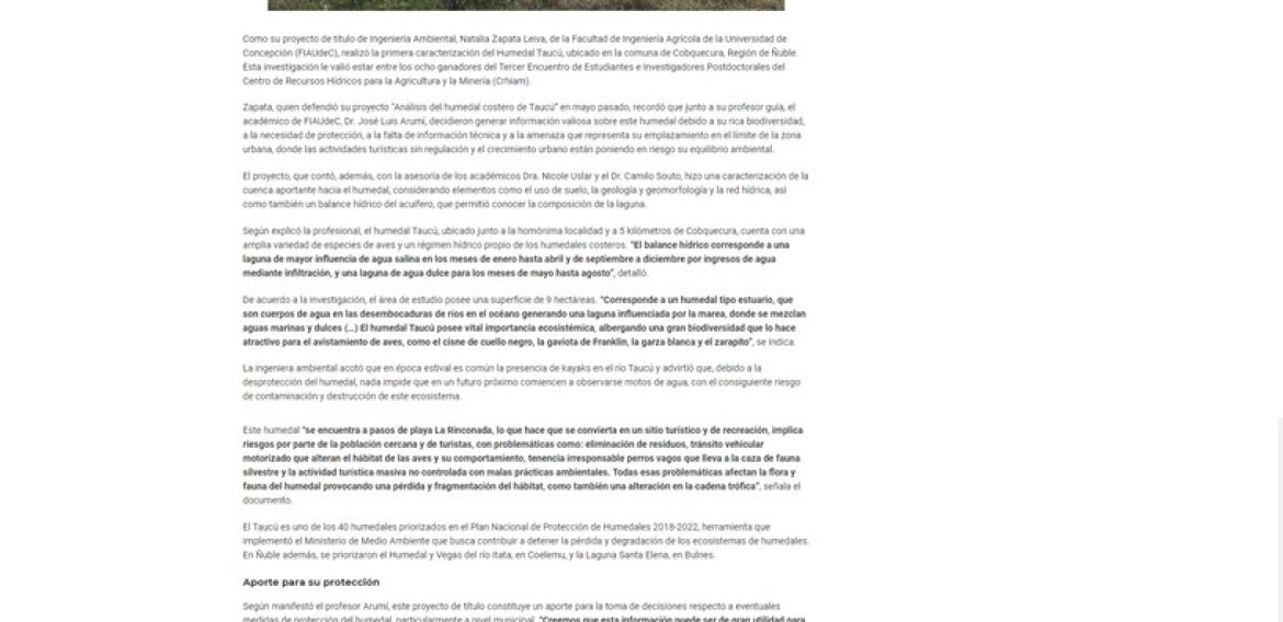 Ingeniera UdeC realizó la primera caracterización del Humedal Taucú en Cobquecura