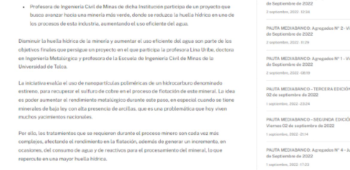 Experta de la UTalca investiga uso de nanopartículas  para una minería más sustentable