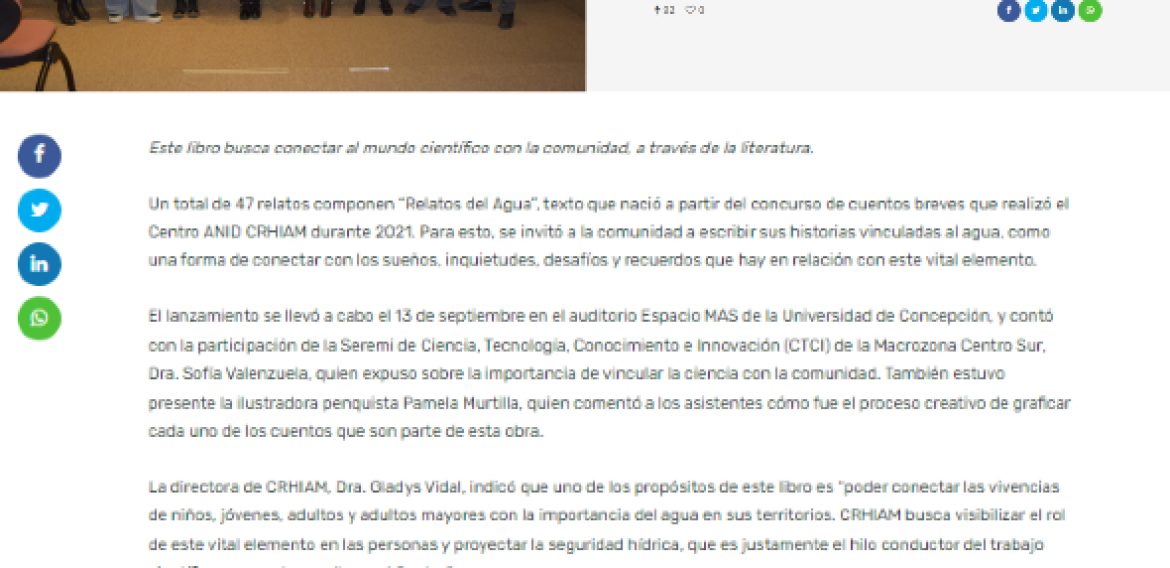 “Relatos del Agua”: Centro CRHIAM lanzó libro de cuentos con el agua como protagonista