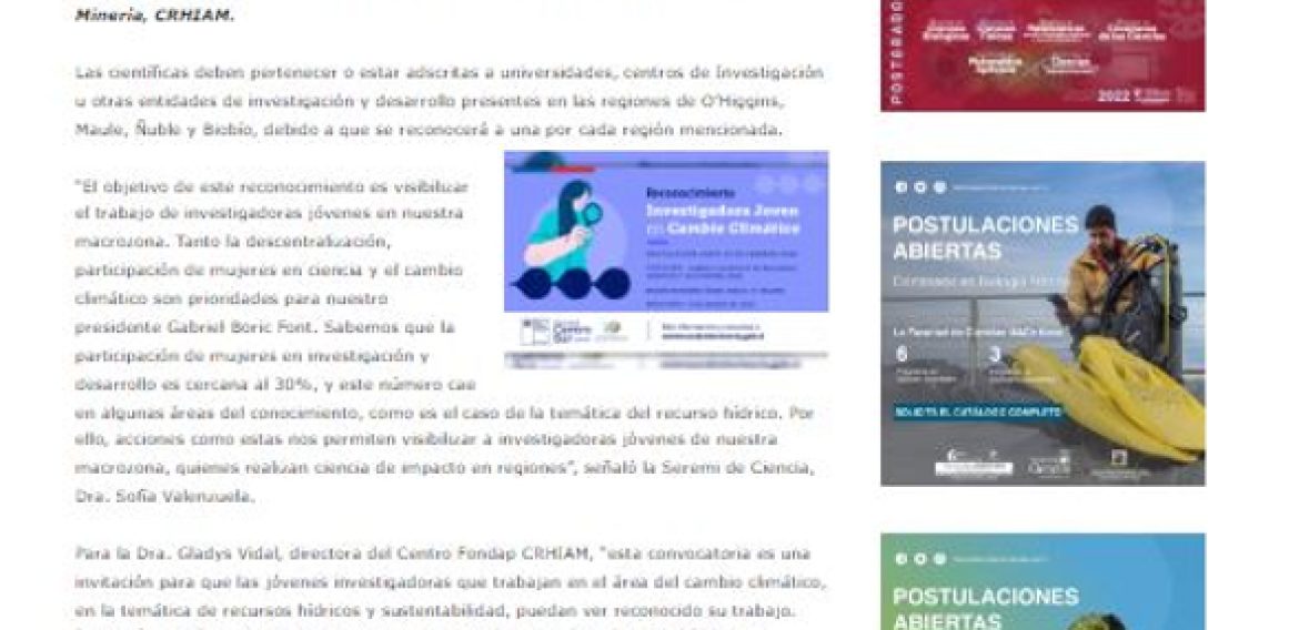 Seremi de Ciencia Centro Sur y CRHIAM buscan reconocer a jóvenes investigadoras