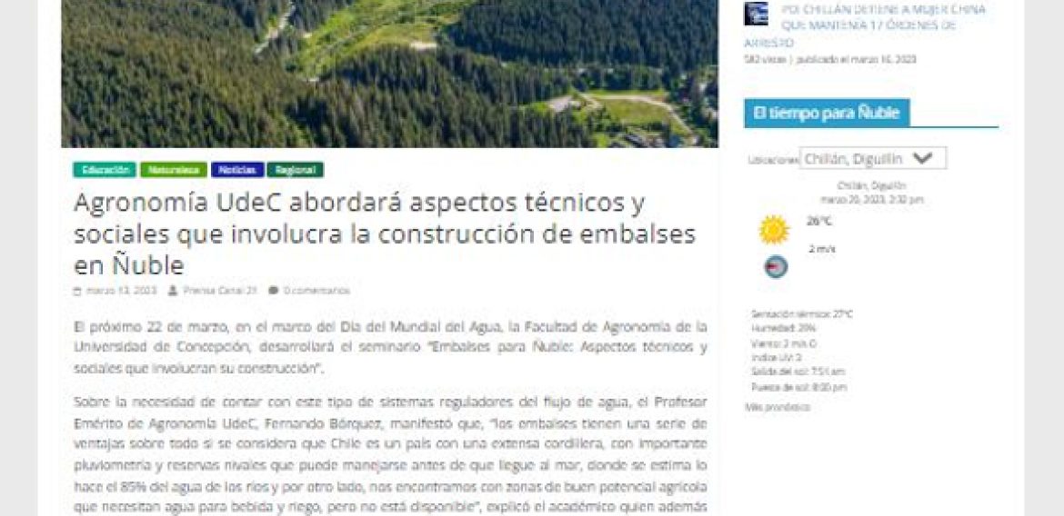 Agronomía UdeC abordará aspectos técnicos y sociales que involucra la construcción de embalses en Ñuble