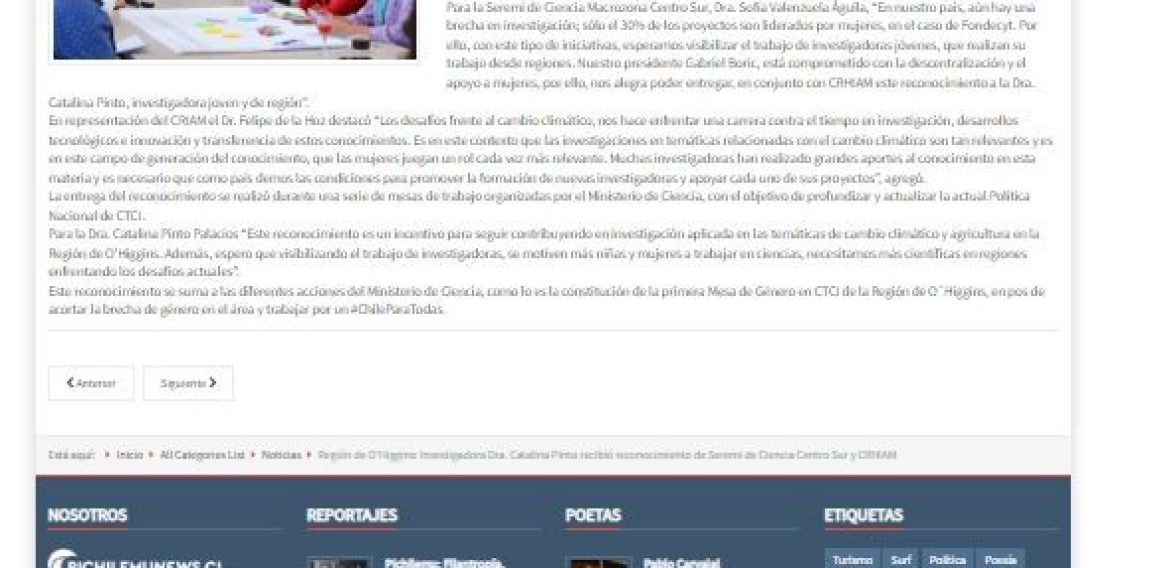 Región de O’Higgins: Investigadora Dra. Catalina Pinto recibió reconocimiento de Seremi de Ciencia Centro Sur y CRHIAM